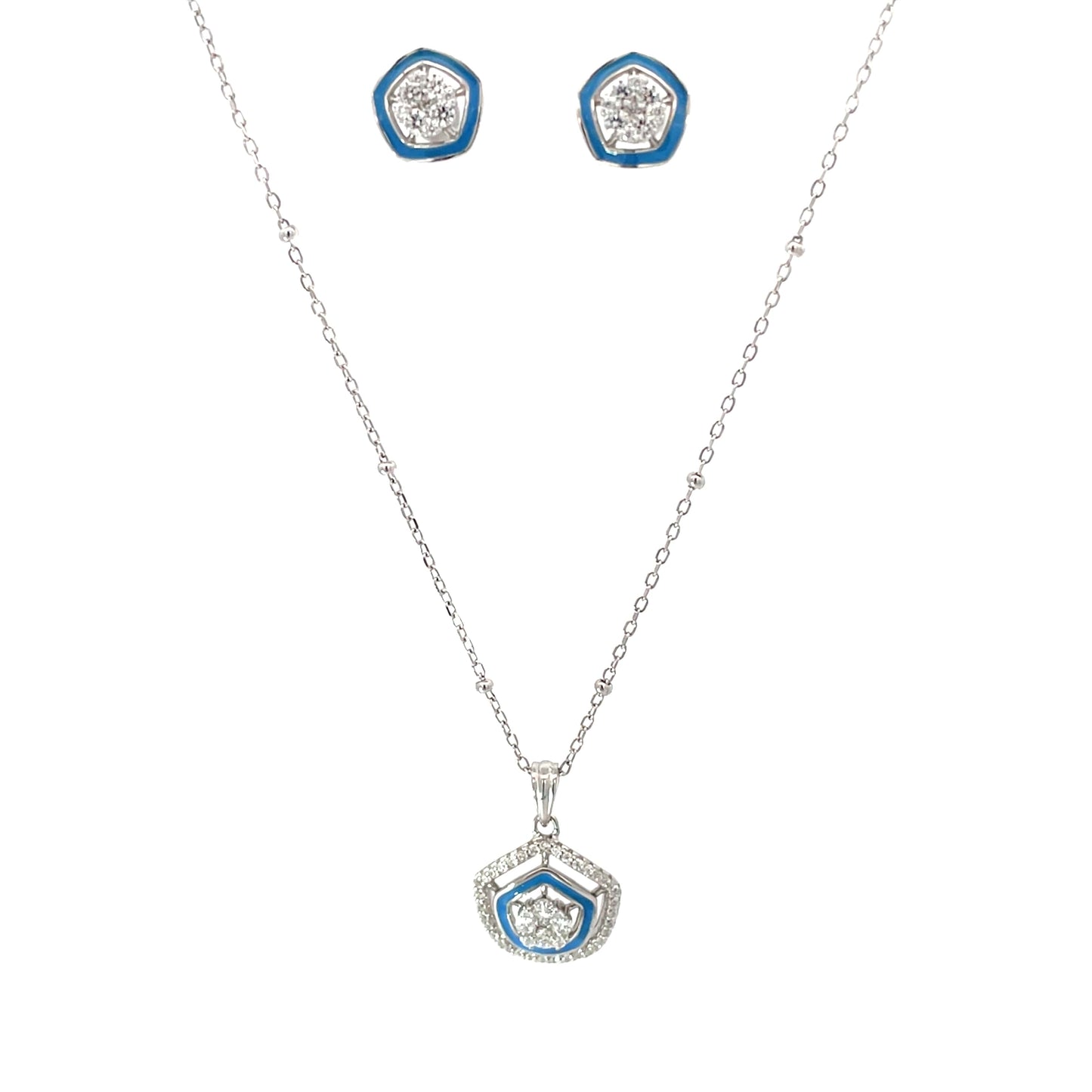 BLUE HALO SPARKLE SHIELD SILVER PENDANT SET