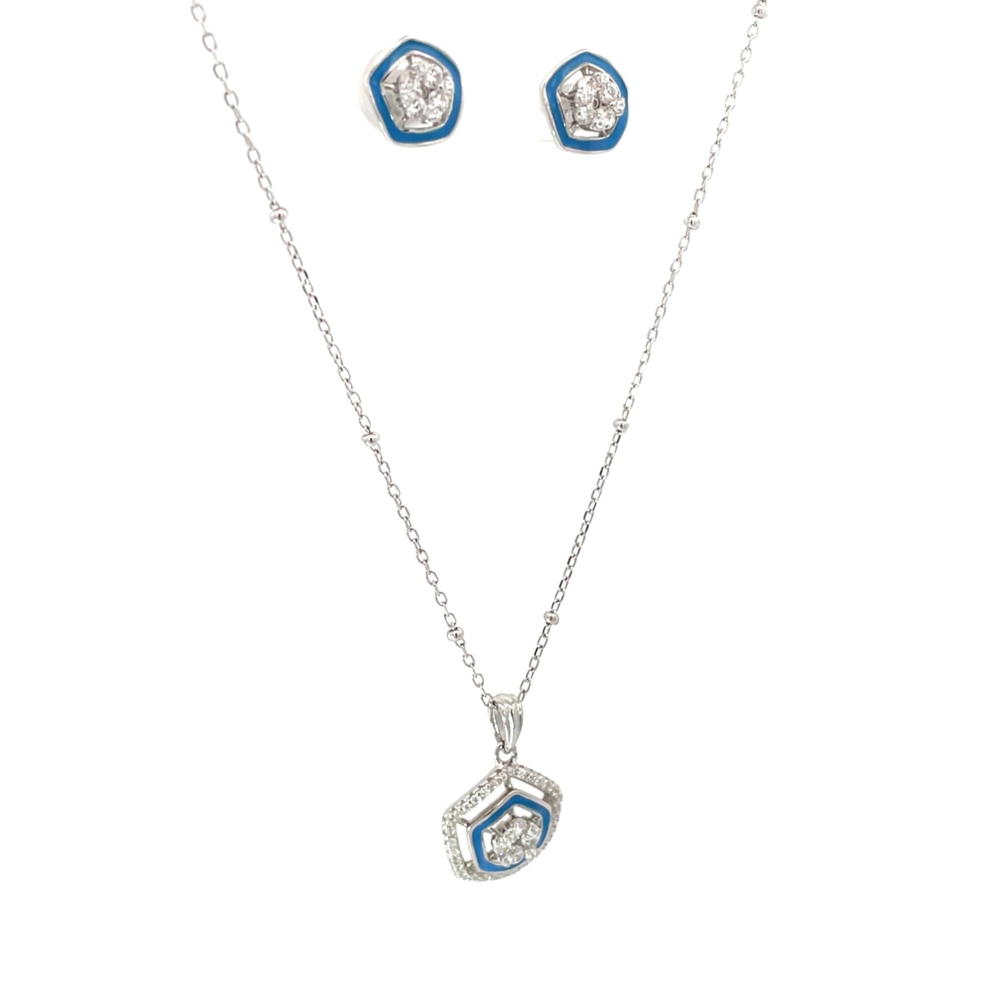 BLUE HALO SPARKLE SHIELD SILVER PENDANT SET