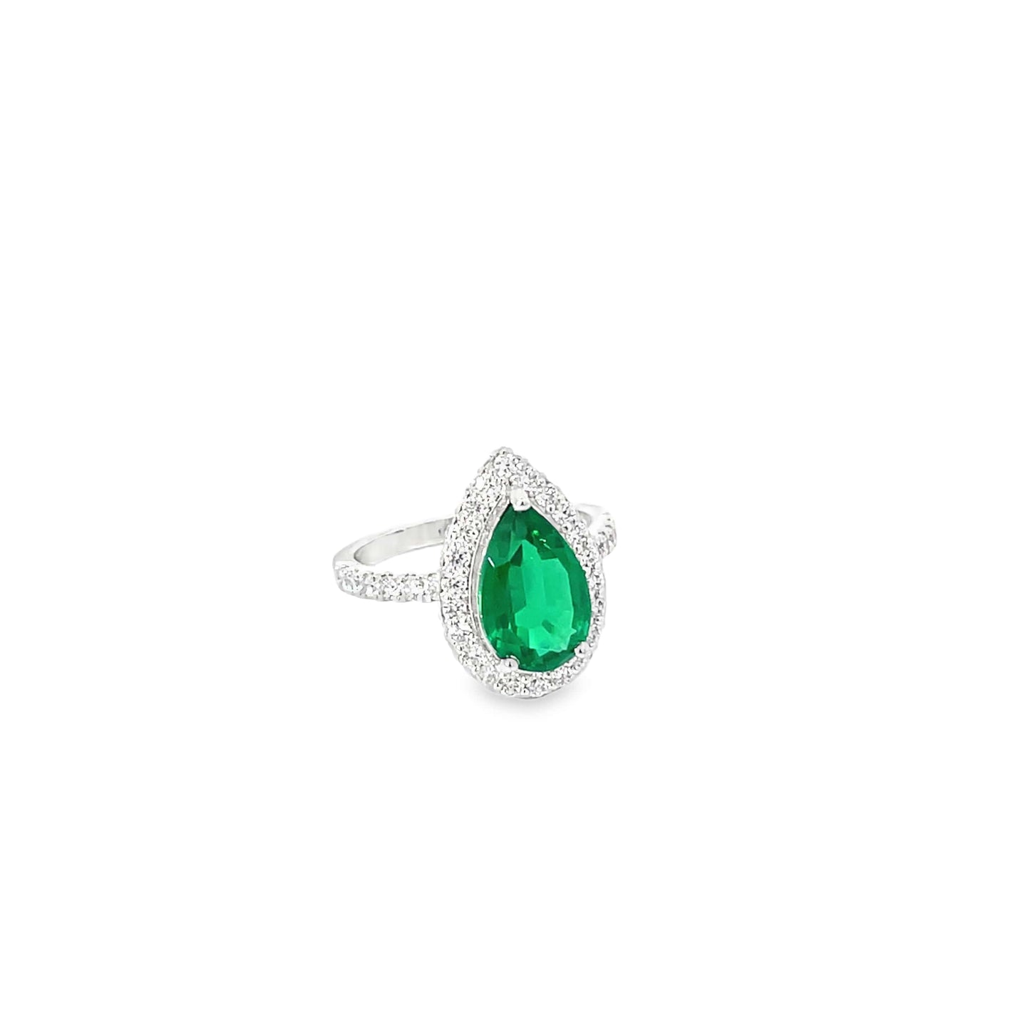 PEAR EMERALD HALO RING IN SILVER