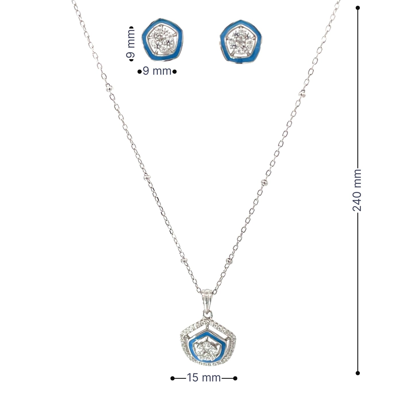BLUE HALO SPARKLE SHIELD SILVER PENDANT SET