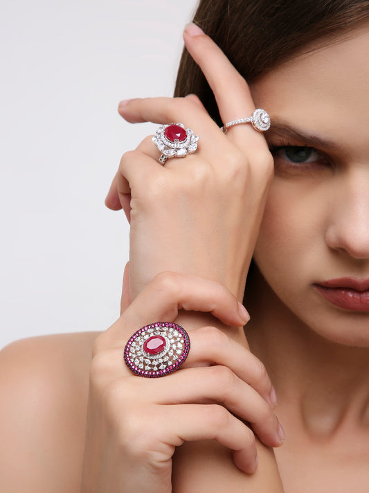 SCARLET BLOOM COCKTAIL SILVER RING