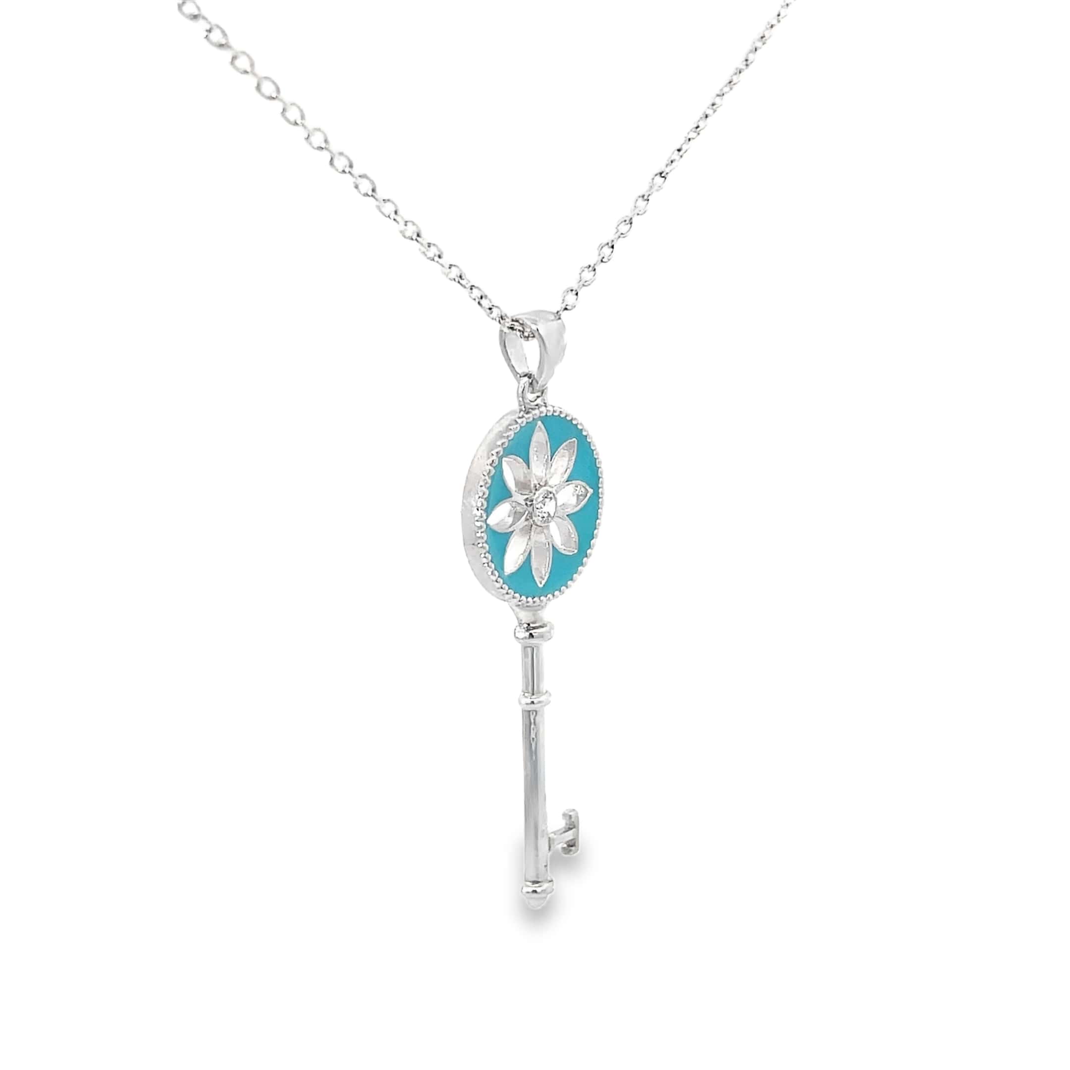 TURQUOISE FLOWER KEY SILVER PENDANT CHAIN