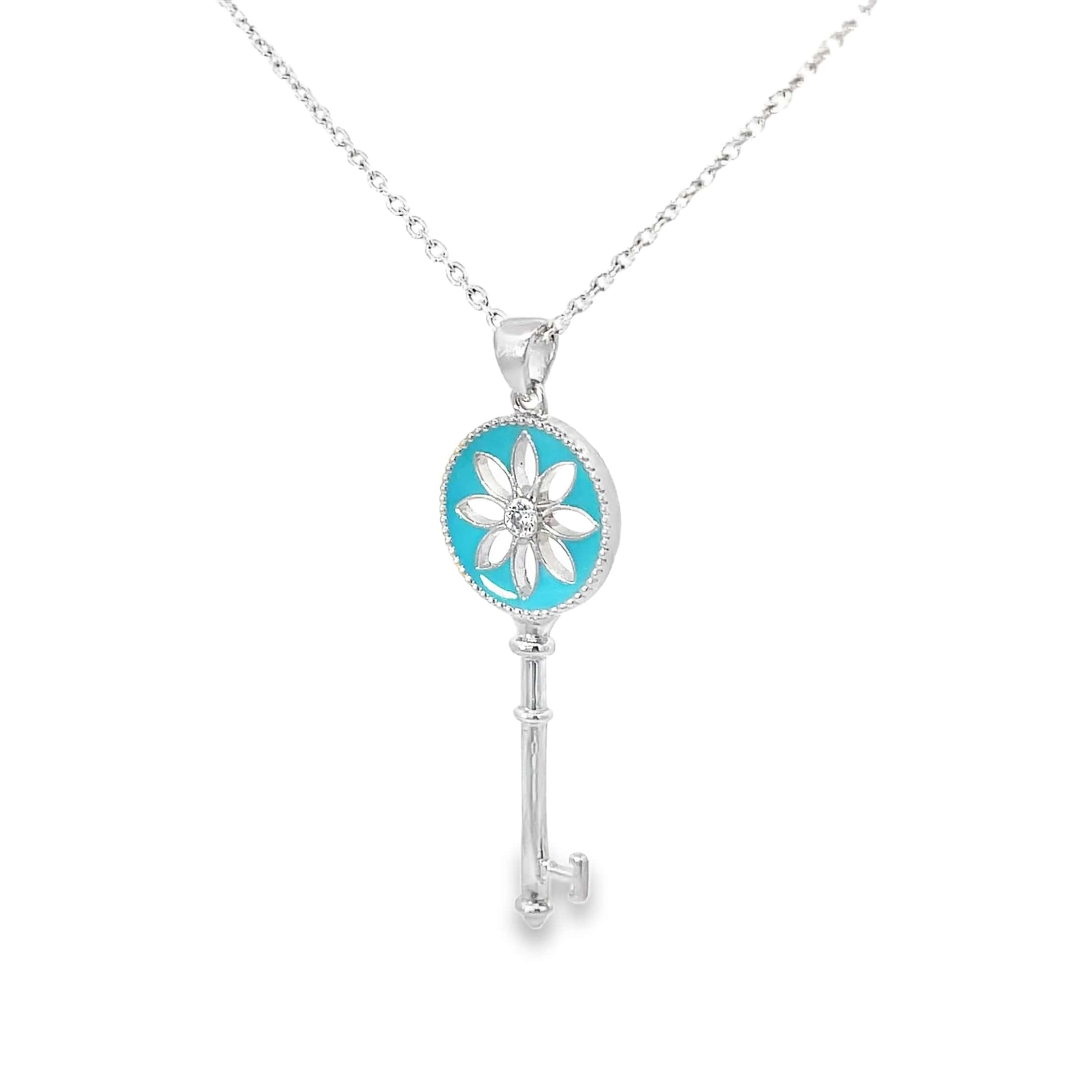 TURQUOISE FLOWER KEY SILVER PENDANT CHAIN