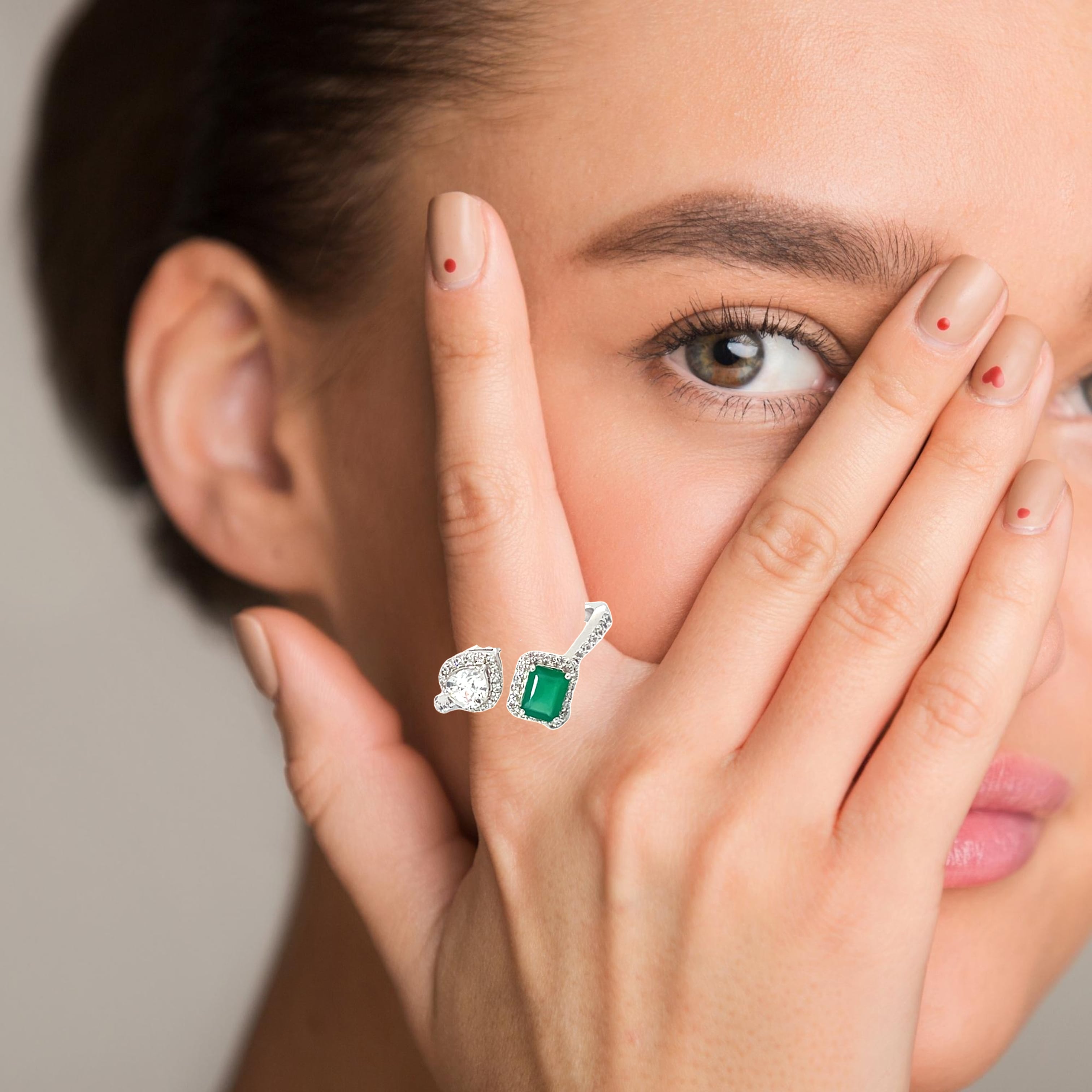 EMERALD TEAR DUET SILVER RING