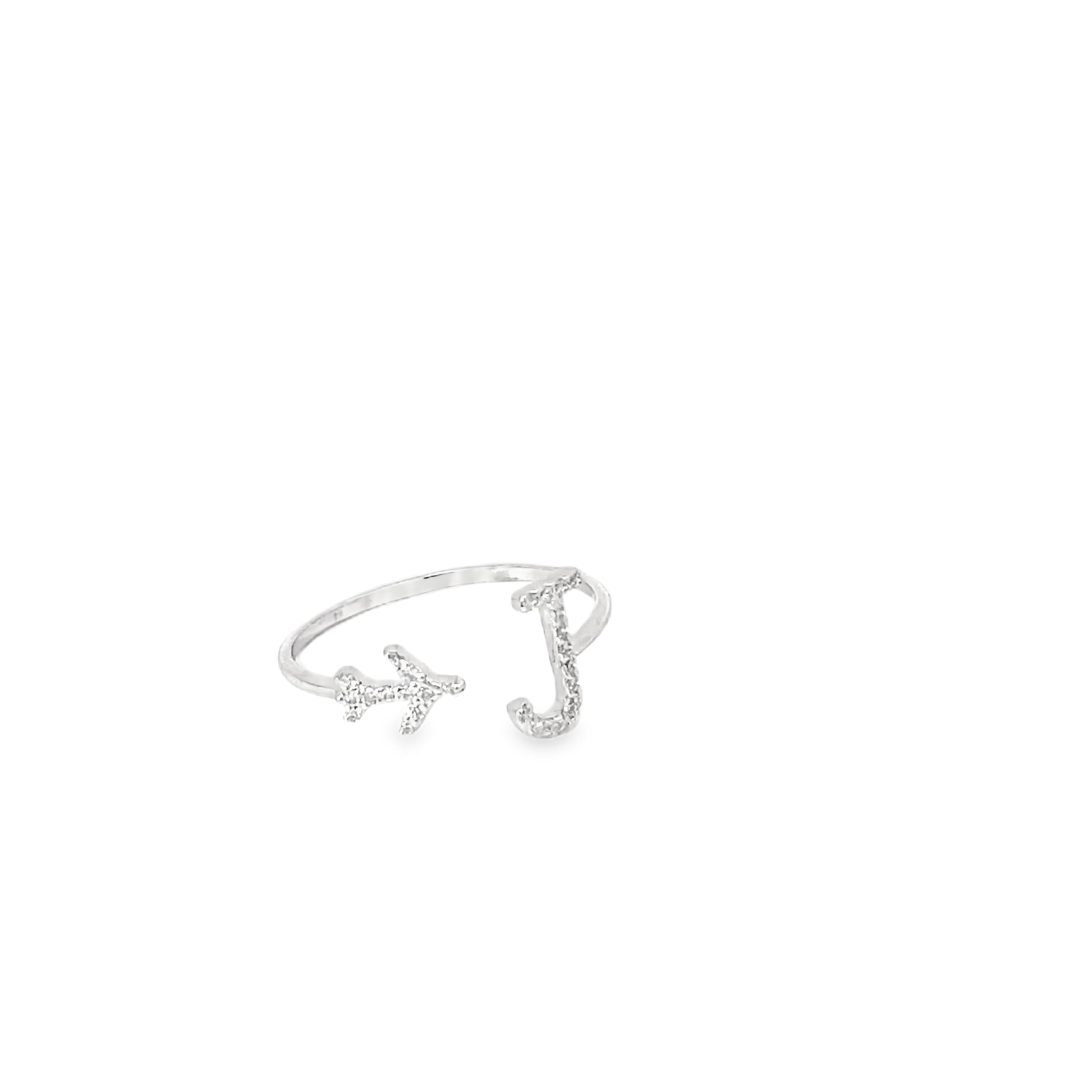 PERSONALISED J INITIAL AIRPLANE SILVER RING