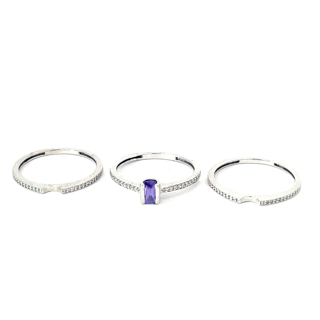 THREE BAND AMETHYST CZ STATEMENT SILVER RING