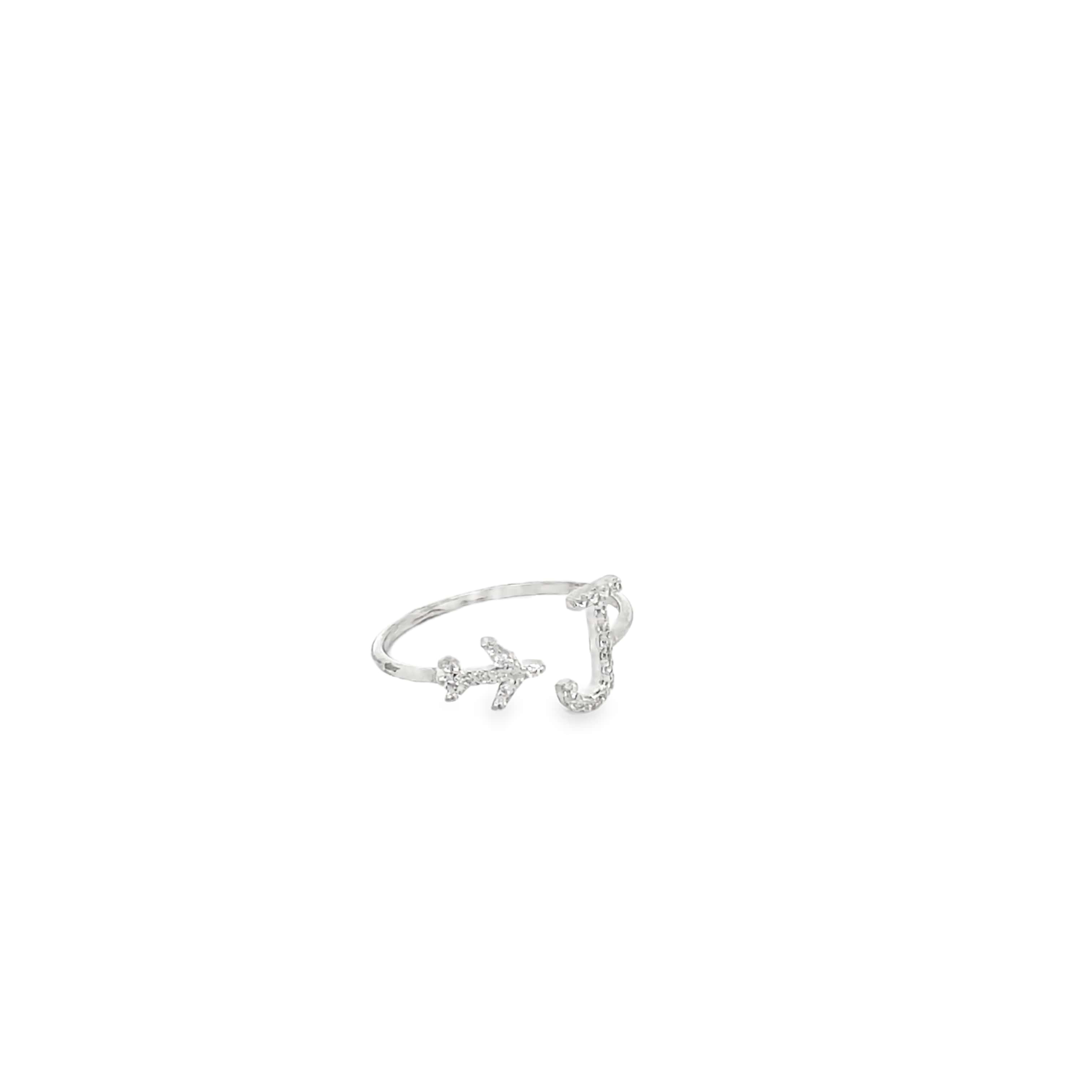 PERSONALISED J INITIAL AIRPLANE SILVER RING