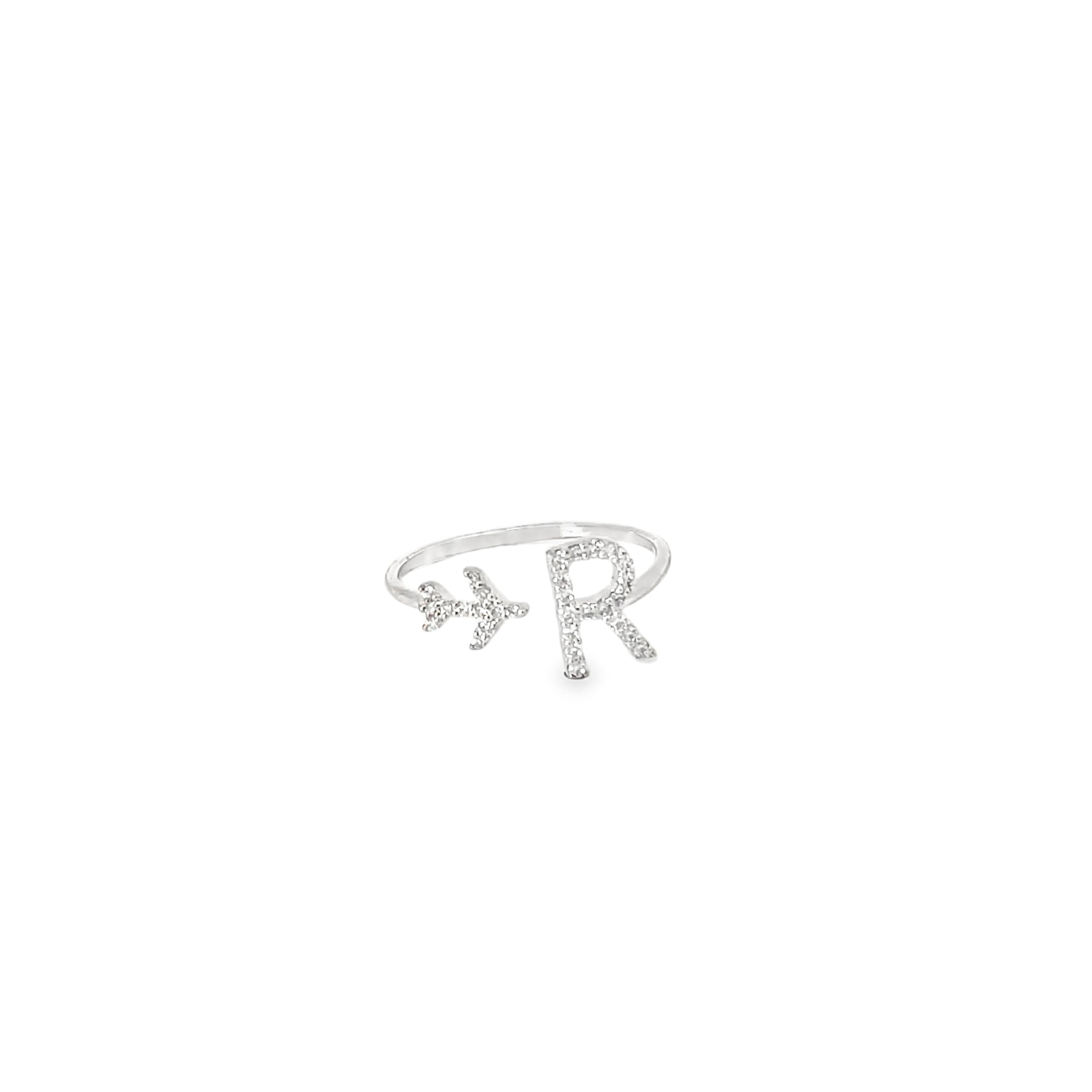 PERSONALISED R INITIAL AIRPLANE SILVER RING