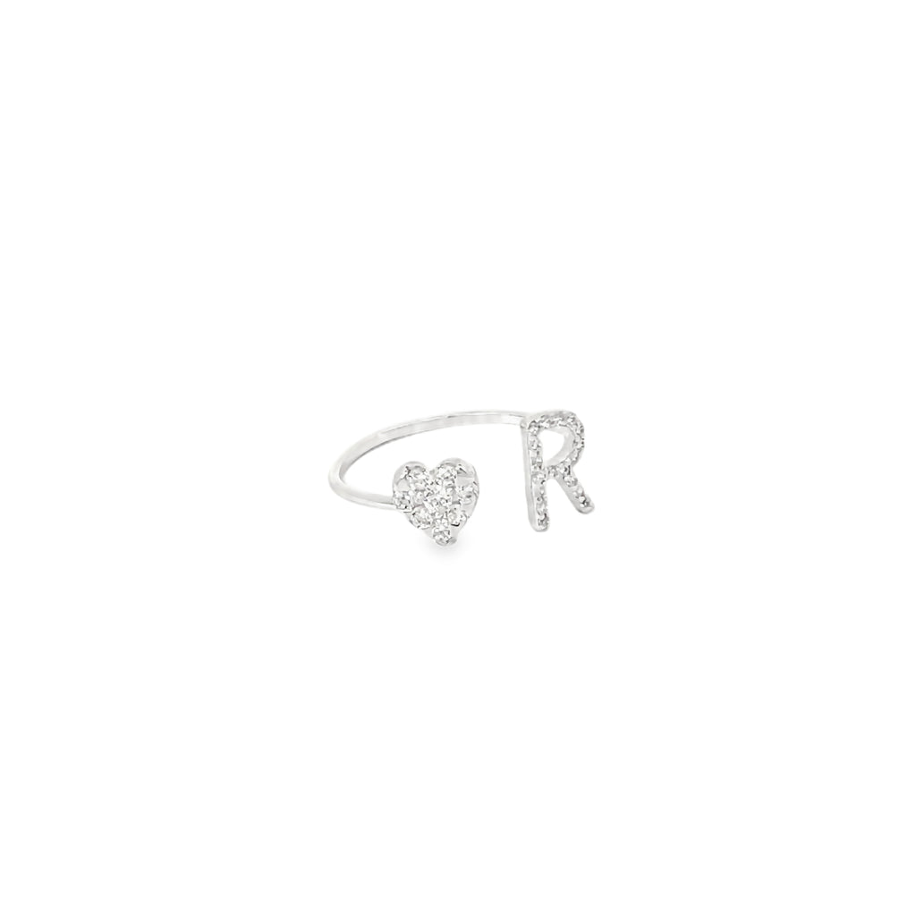 PERSONALISED R INITIAL HEART SILVER RING