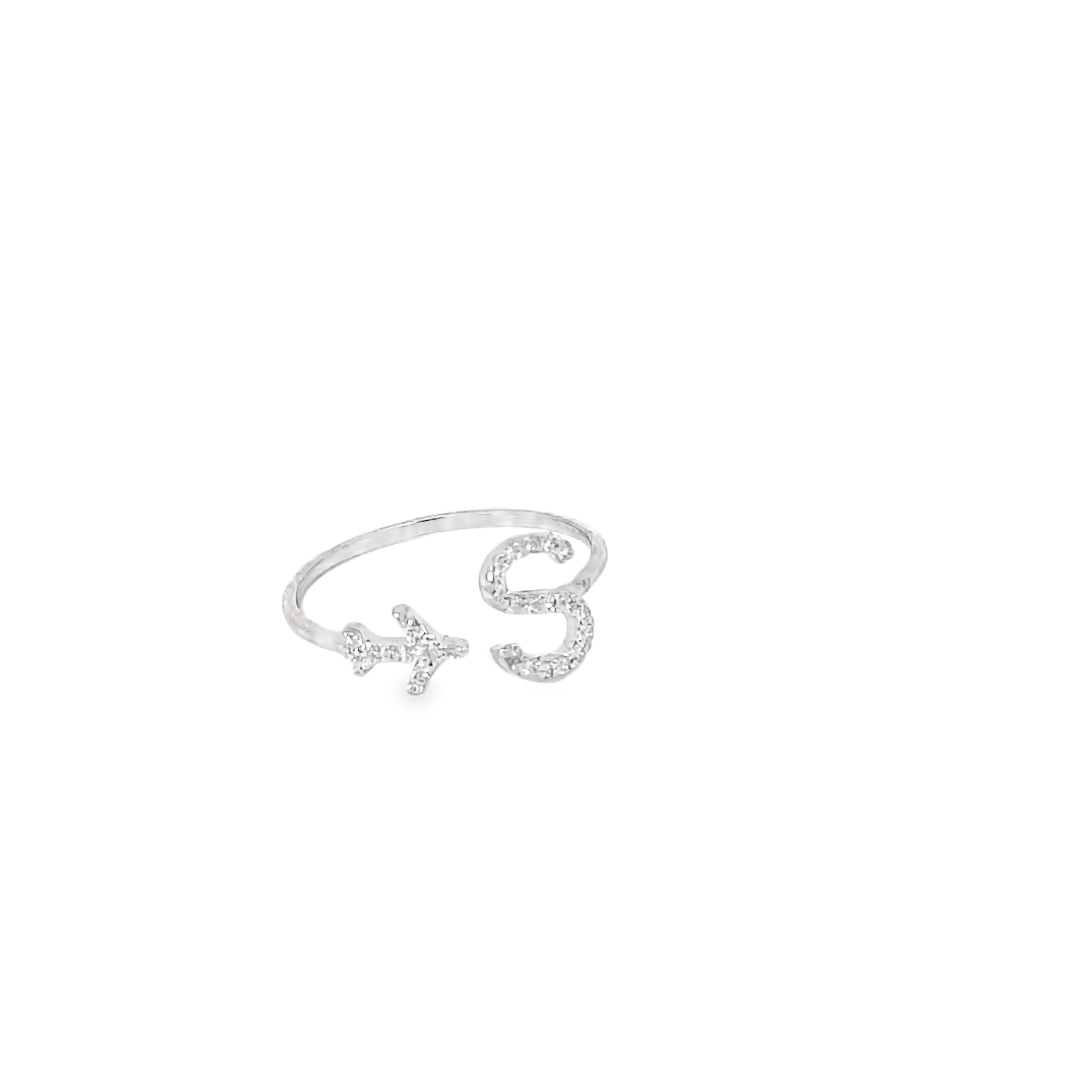 PERSONALISED S INITIAL AIRPLANE SILVER RING