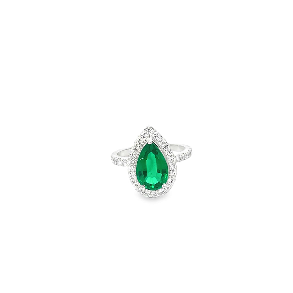 PEAR EMERALD HALO RING IN SILVER