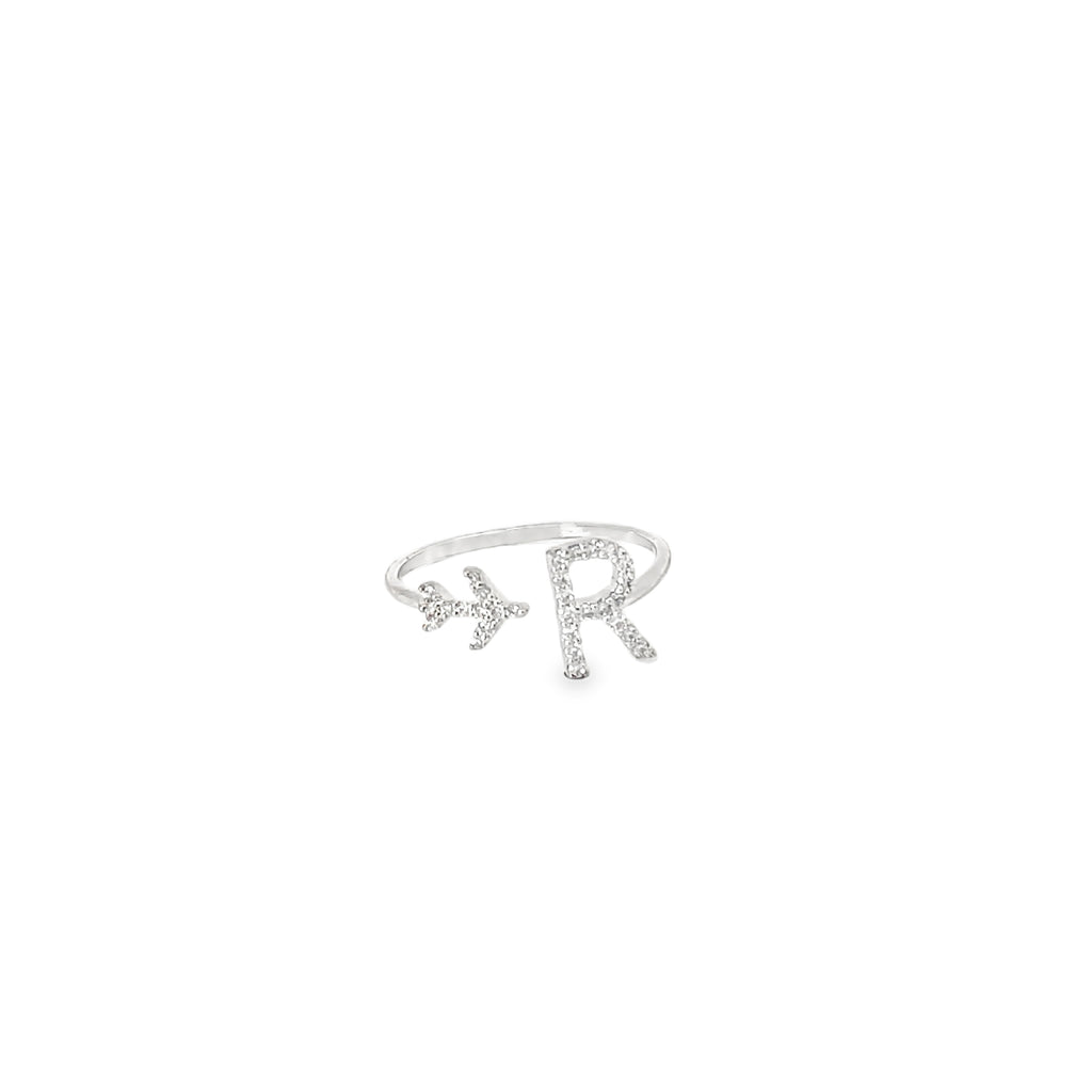 PERSONALISED R INITIAL AIRPLANE SILVER RING
