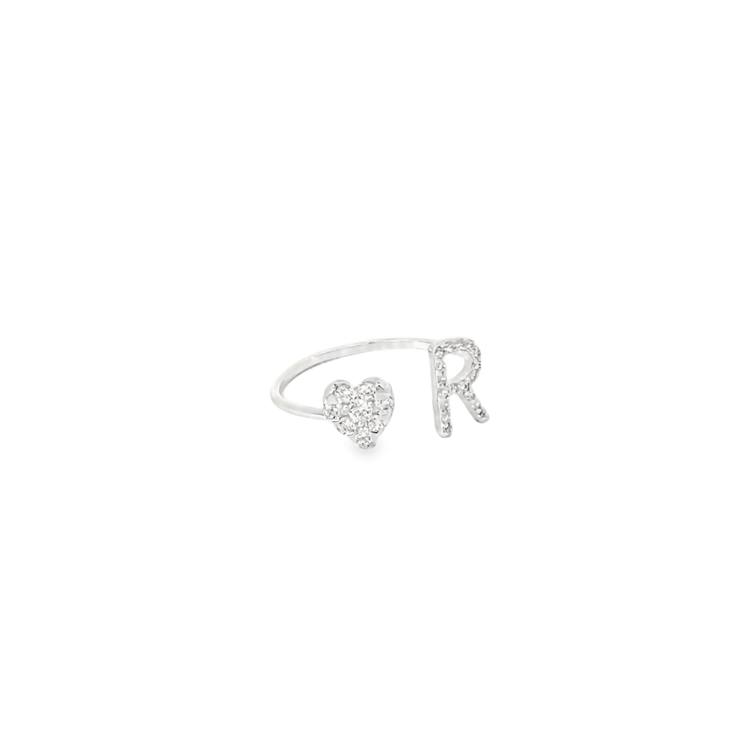PERSONALISED R INITIAL HEART SILVER RING
