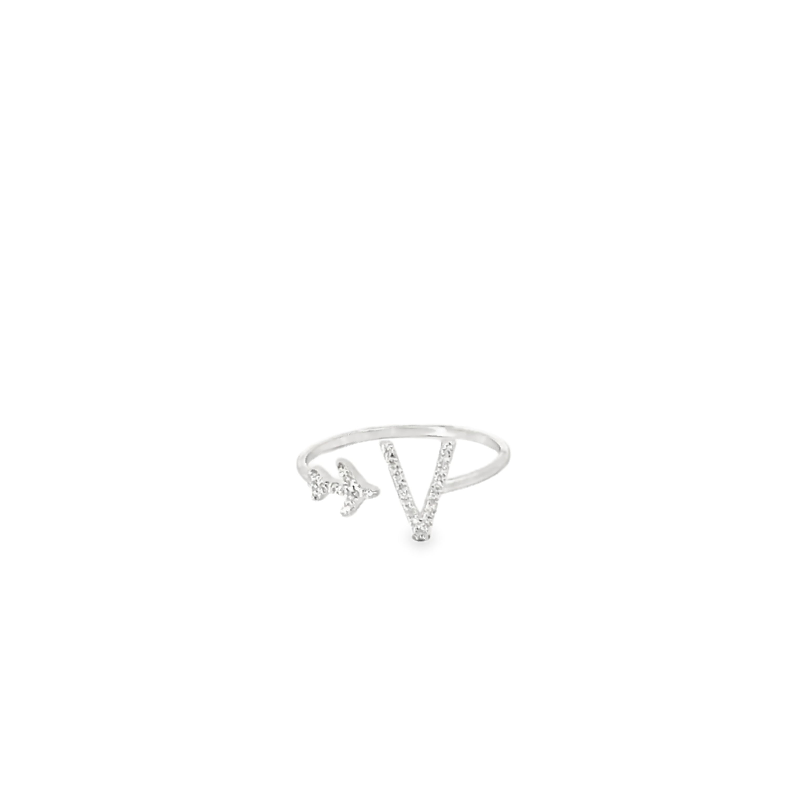 PERSONALISED V INITIAL AIRPLANE SILVER RING